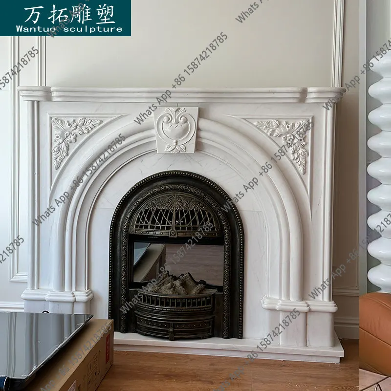 

Marble fireplace white marble French arch stone mantel stone carving retro interior entrance decorative cabinet ornament