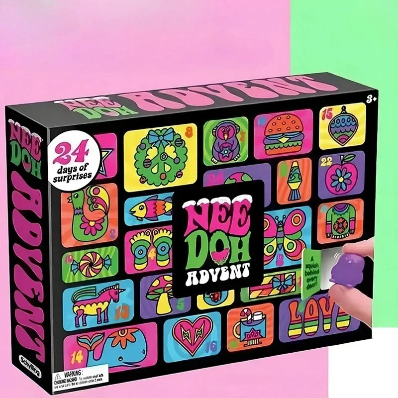 NeeDoh 2026 adventskalender, 24 stuks, PVC 3D-fidgetpop, kerstkalender met afteltimer, nieuwjaarscadeau met verrassingen.