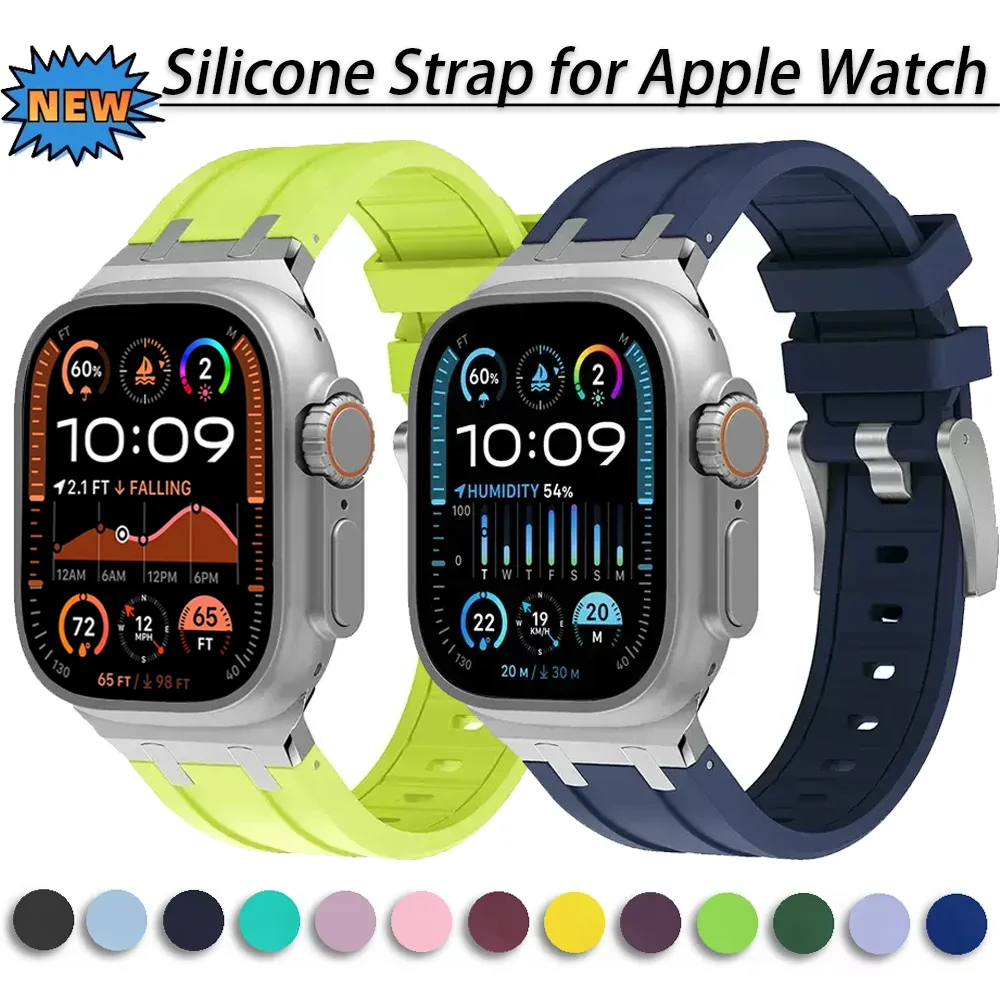 Liquid Silicone Strap for Apple Watch Ultra 3 49mm 11 10 46mm Bracelet Band iWatch 9 8 7 45mm 6 5 4 SE 44mm Metal Connector Belt