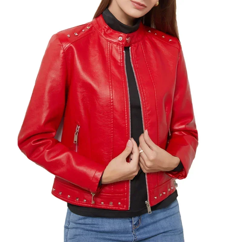 Jaquetas de mangas compridas casacos de inverno feminino rebite gola roupas femininas primavera outono couro do plutônio motor biker topos 2025 novo