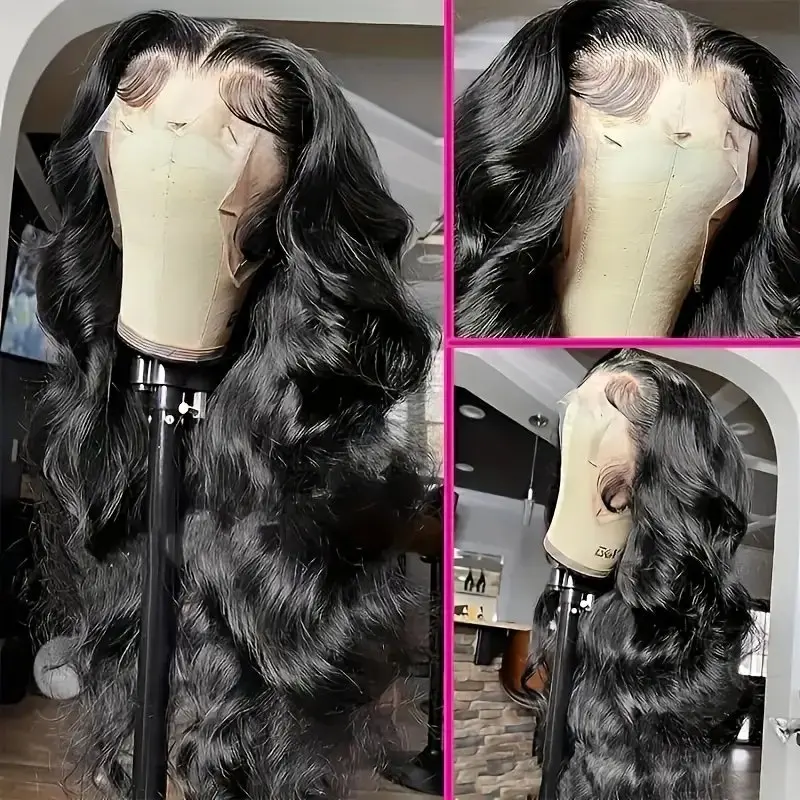 Peruca natural de cabelo humano preto para mulheres, onda corporal sem cola, pré-arrancada frontal, 36 polegadas, 150% frontal de renda, 13x6, 5x5