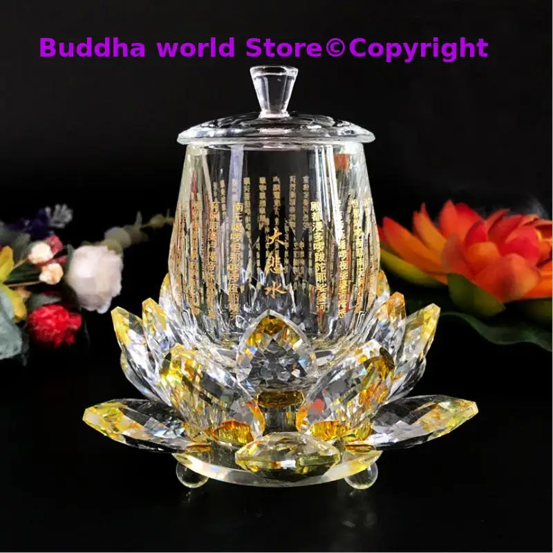 

A PAIR 3pcs high grade Buddhist supplies HOME Temple shrine enshrine worship buddha scripture Crystal lotus holy water cup