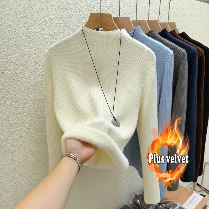 

2025 теплая полуводолазка, цельный флисовый вязаный свитер для женщин, облегающий внутренний свитер, верхняя одежда, базовый слой, флисовый свитер