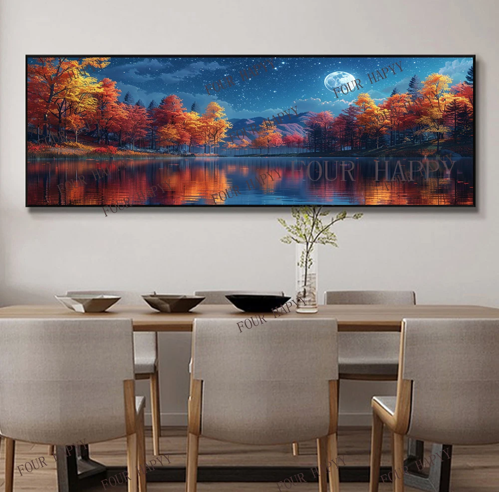 5D DIY Large Diamond Painting Cross Moon Tree Lake Reflection Landscape Wall Art, Full Round Drill, Embroidery Home Decor