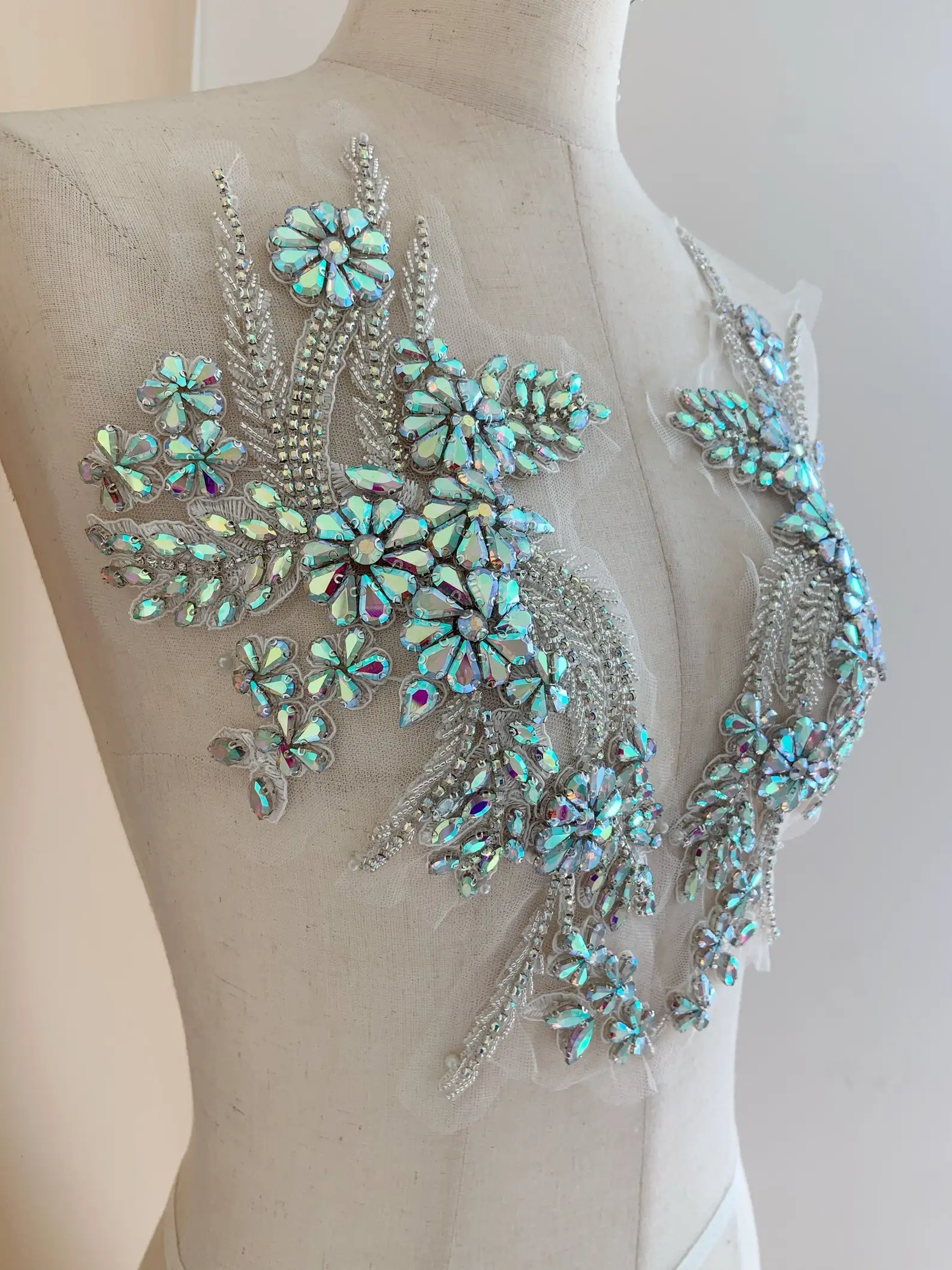 Iridescent Rhinestone Appliqué, Sparkle Crystal Bodice Patch, Handmade Couture Supplies, Dance Costume Supplies