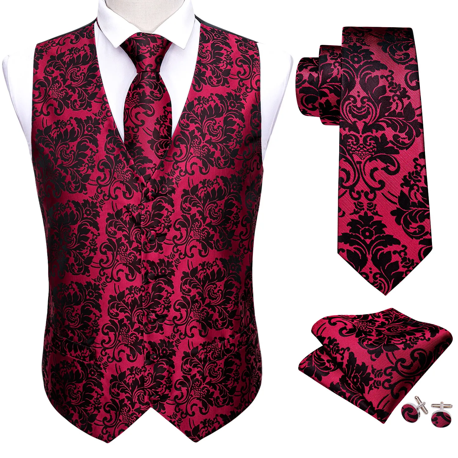Red Black Floral V-Neck Vest 4Pcs Set Tie Pocket Square Cufflinks For Wedding Banquet Evening Celebration