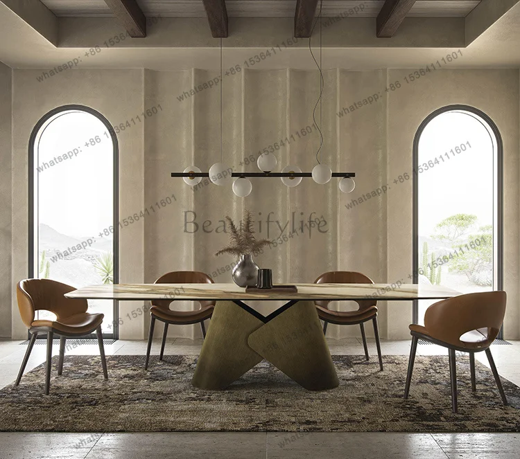YJ  Italian minimalist natural marble dining table creative designer villa slate stainless steel dining table