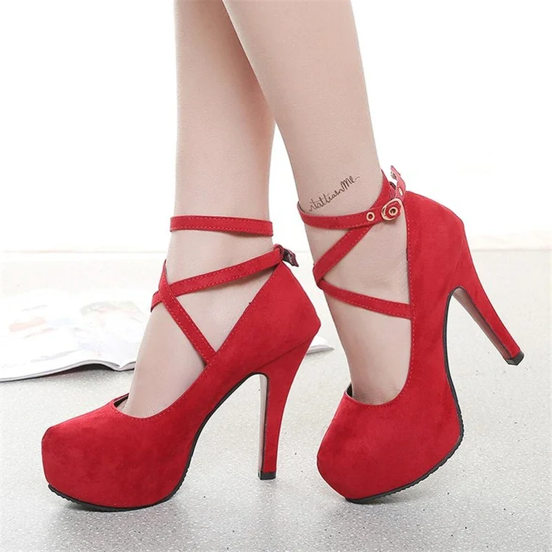 Size 34-42 Super High Thin Heels Shoes Spring Autumn Pumps T-strap Buckle Strap Retro Round Toe Pumps Wedding Shoes Women Shoes