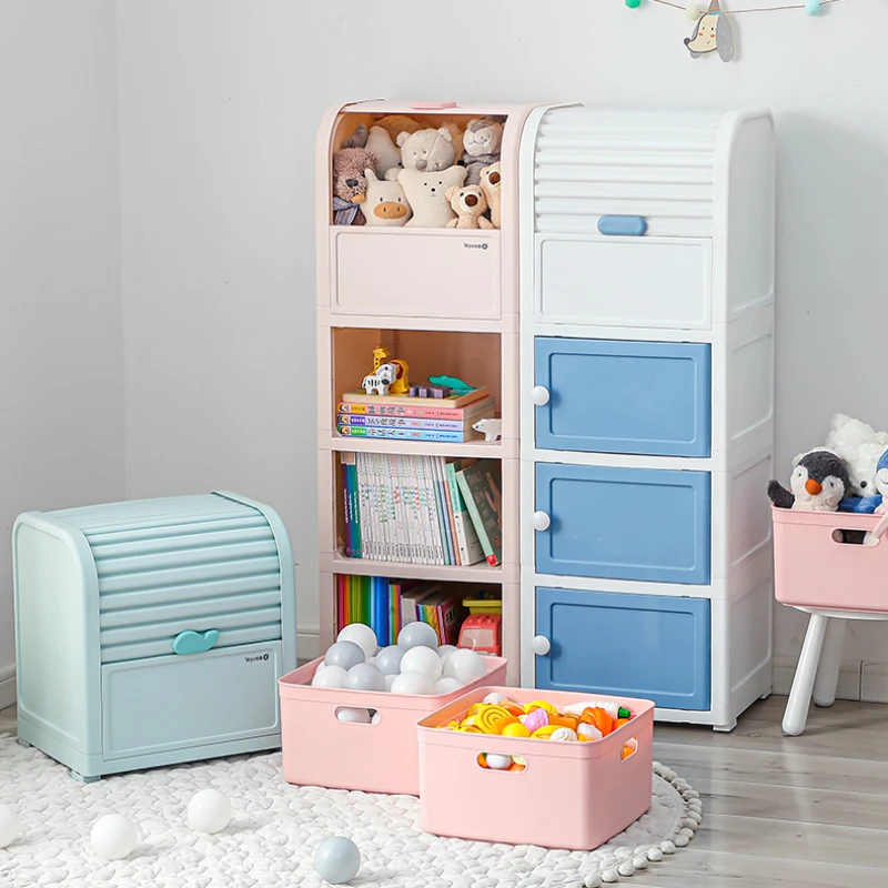 

Large Capacity Toy Container Drawer-Type Storage Cabinet with Roller Shutter Door Snack Organizer Box with Bottom Pulley