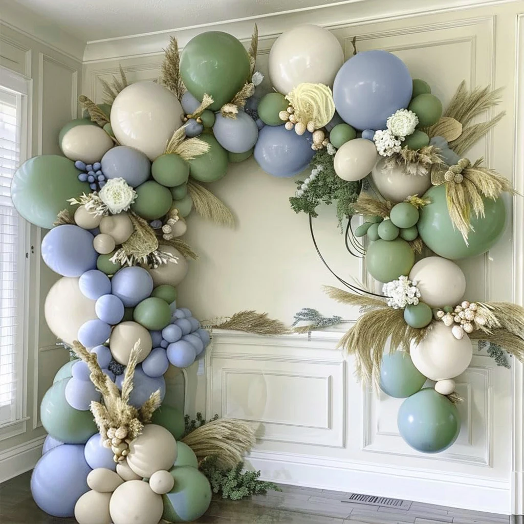 103Pcs Blue and Green Balloon Garland Set, Avocado Green Latex Balloons, White Sand Balloons, Arch Kit, Light Blue Balloon Kit Suitable for Jungle Hunting, Birthday, Bridal Shower, Party, Wedding Decorations