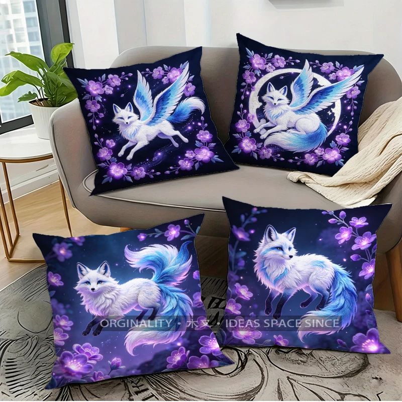 Purple Floral Winged Fox Square Throw Pillow Covers Pattern Cushion Cover Suitable for Sofa Bedroom Car Pillow Cover