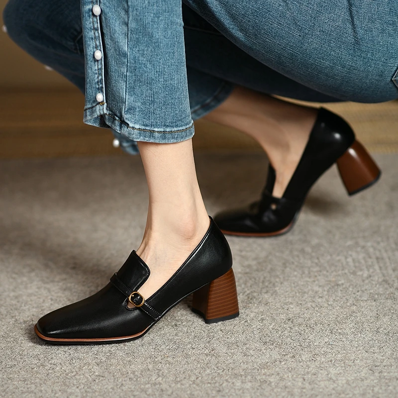 2024 New Spring/Autumn Women Shoes Genuine Leather Shoes Women Pumps SquareToe Thick Heel Solid Women Mary Jane Shoes Heels