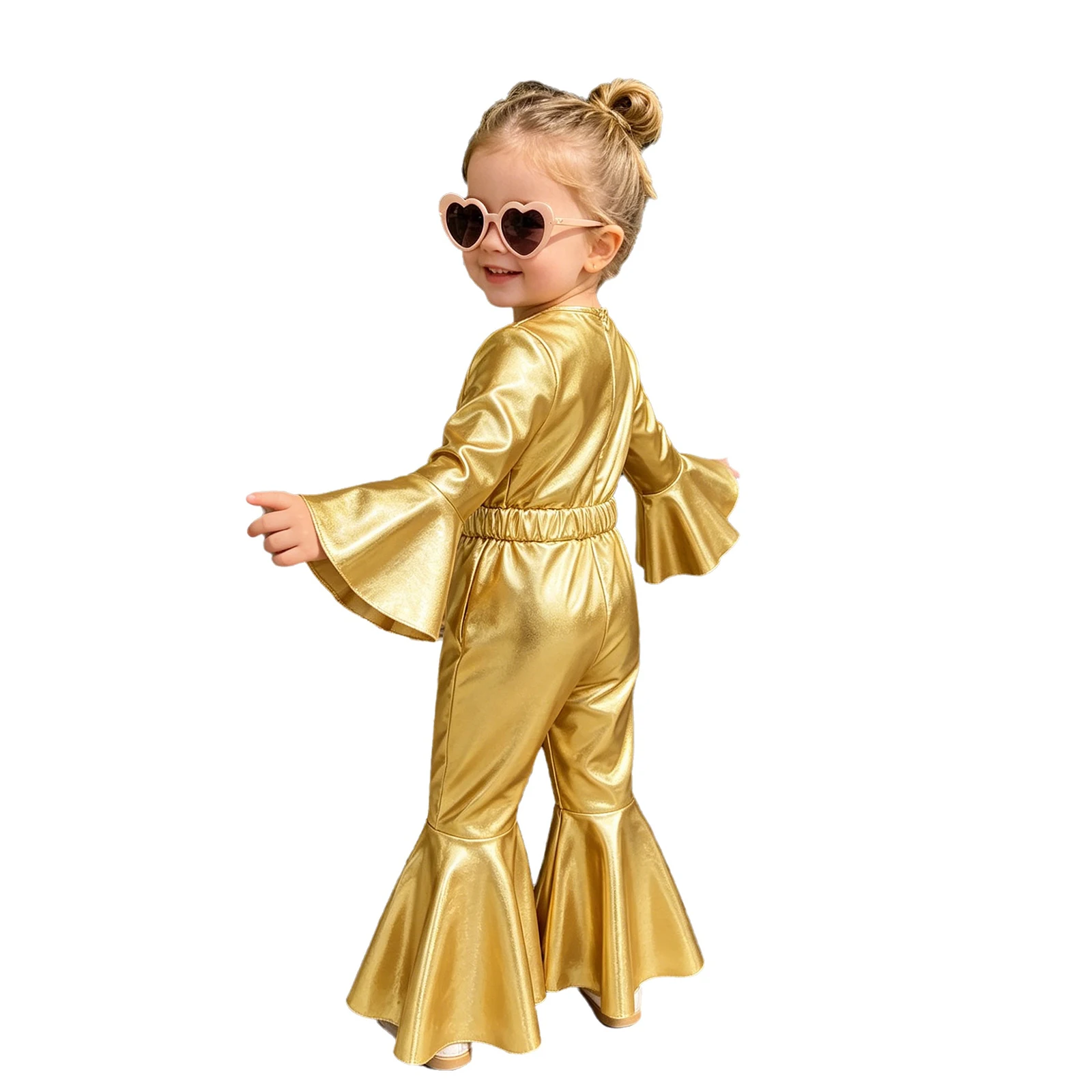 Baby Girls 70s Disco Costume Metallic Shiny Ruffle Zipper Bell-bottom Jumpsuit with Bow Belt for Birthday Party Photo Shoot