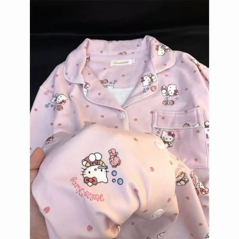 

Милый пижамный комплект с котенком для женщин: осенне-зимний, утепленный флис, теплый, с длинными рукавами и длинными брюками, верхняя одежда, комплект для сна Sanrio Kawaii