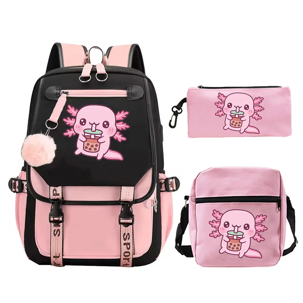 3pcs Axolotl Cute Printed Teenager Girls Backpack Shoulder Bags Pencil Case Set Students School Backpack Women Travel Mochila