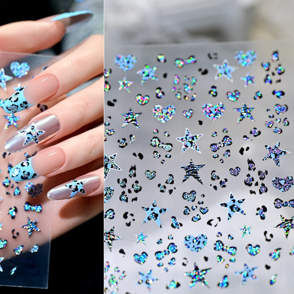 Naklejki na paznokcie 5D Jelly Blue Leopard Point Star Love, różowo-brązowo-fioletowe naklejki na paznokcie z brokatem w panterkę, naklejki na paznokcie z pentagramem i kokardką w panterkę
