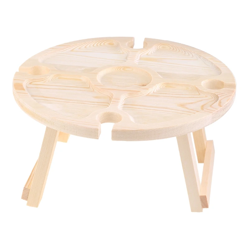 

67JB Portable Round Wooden Outdoor Folding Table Glass Holder Garden Wine Beach Camping Table