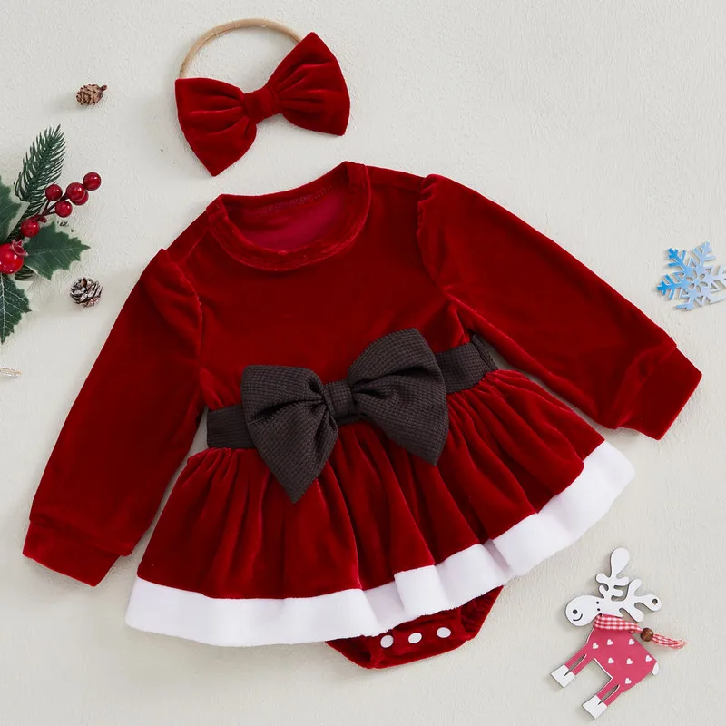 RUEWEY Baby Girl Velvet Bodysuit Autumn Clothes Terry Trim 3D Bow Long Sleeve Jumpsuit Headband Adorable Outfits Baby Clothing