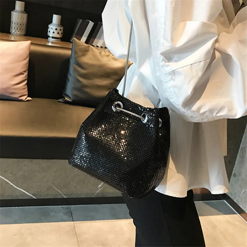 Luxury Sequin Women Drawstring Evening Bags Large Capacity Female Bucket Backpack Party Purse Chain Shoulder Crossbody Bag Pouch