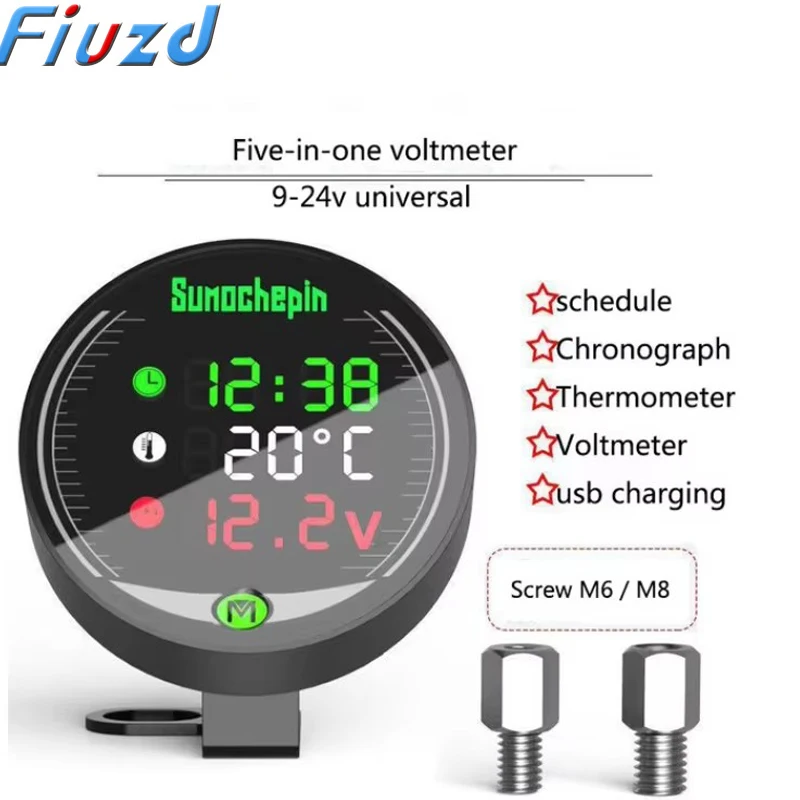9-24V Motorcycle Thermometer LED Digital Display Electronic 5 In 1 Water Temperature Meter Voltmeter Gauge Low Voltage Alarm