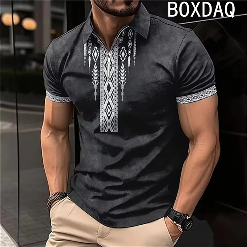 Vintage Tribal Style Polo Shirt Man Lapel Short Sleeve With Zipper Shirt Big Size 6XL Men's Casual Loose Sport Pullover Tops - Detail 1