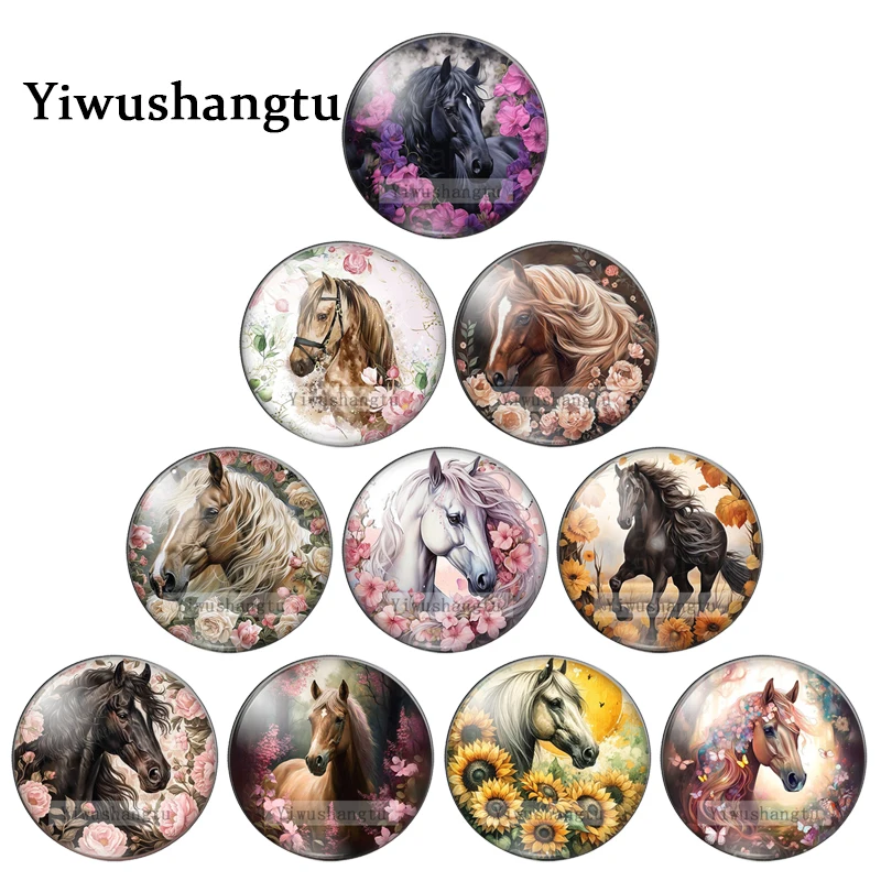 Watercolor Horse With Flowers Art Paintings 12mm/18mm/20mm/25mm Round photo glass cabochon demo flat back Making findings