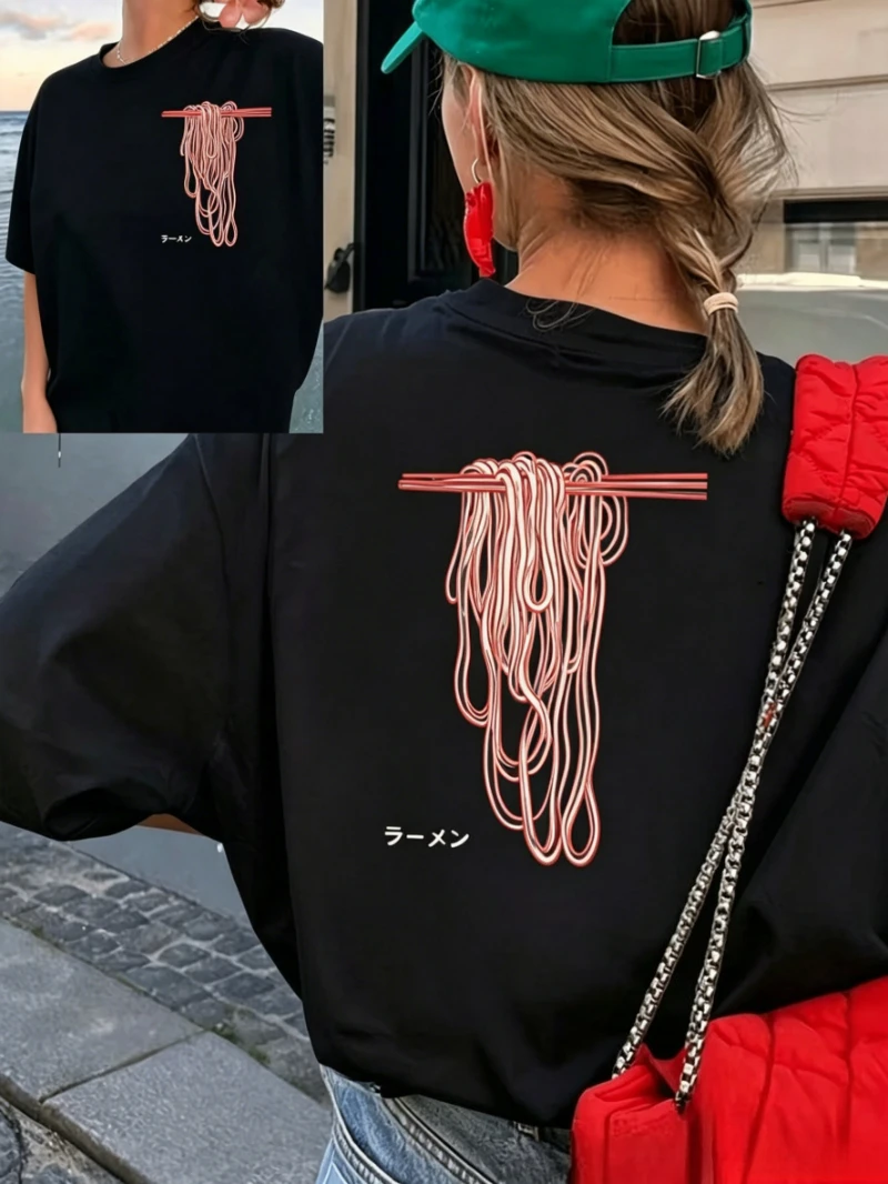 Japanese Ramen Noodle Line Art Print T Shirt Casual Loose Women's T-shirt  Streetwear Daily Wear Short Sleeve Summer Fun Top