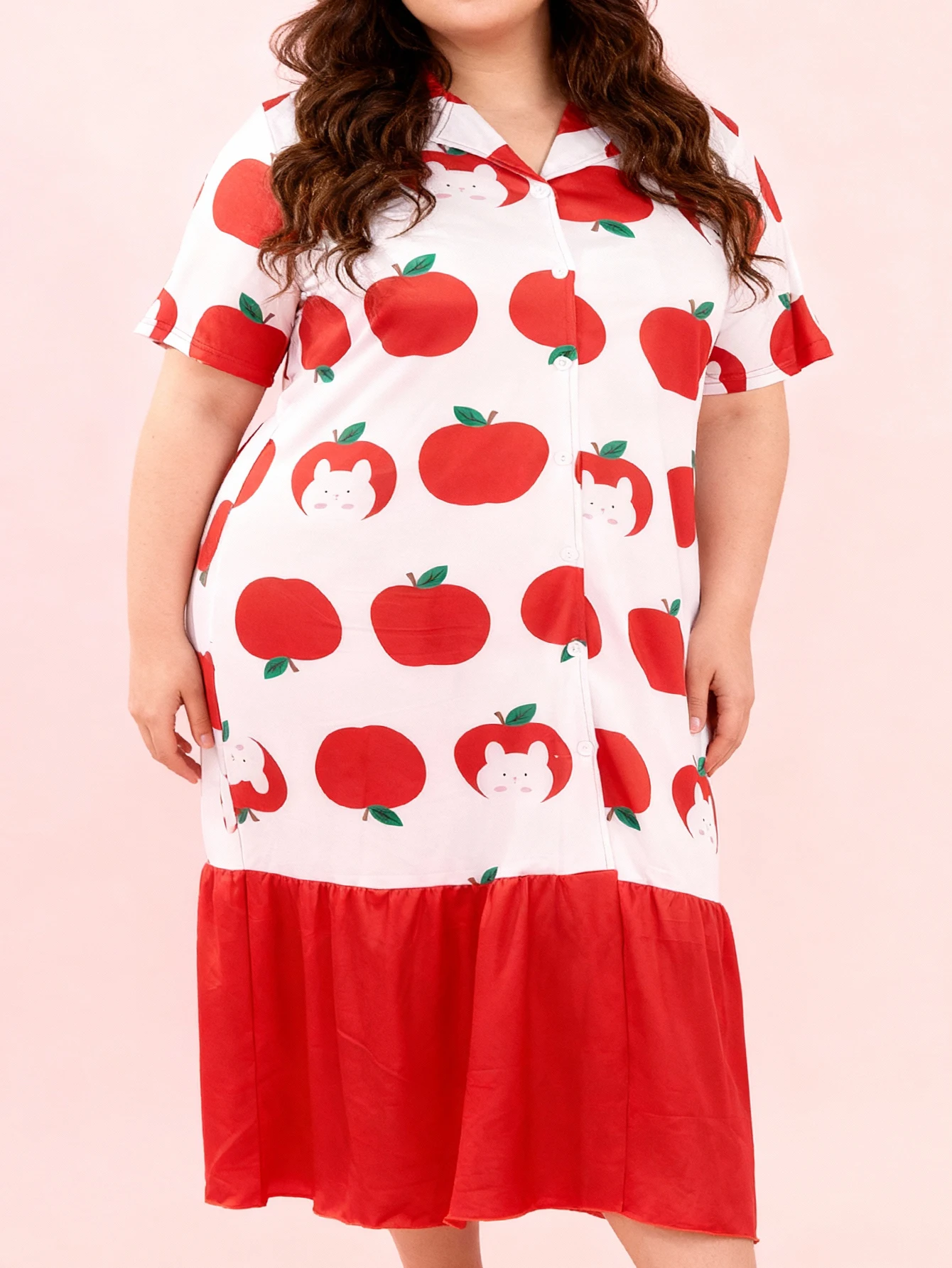 

Plus Size Women's Spring Summer Elegant Cute Cartoon Apple Print Ruffle Design Short Sleeve Lapel Nightgown Dress
