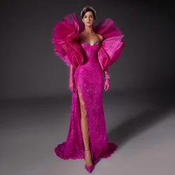 Amazing Fuchsia Lace Party Dresses with Pleated 3D Wraps Beaded Side Slit Formal Occasion Dress 2024 Couture Long Prom Gowns