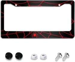 Spider Web License Plate Frame Novelty Personalized Car Tag Holder 2 Holes Aluminum License Plate Covers with Screw Caps