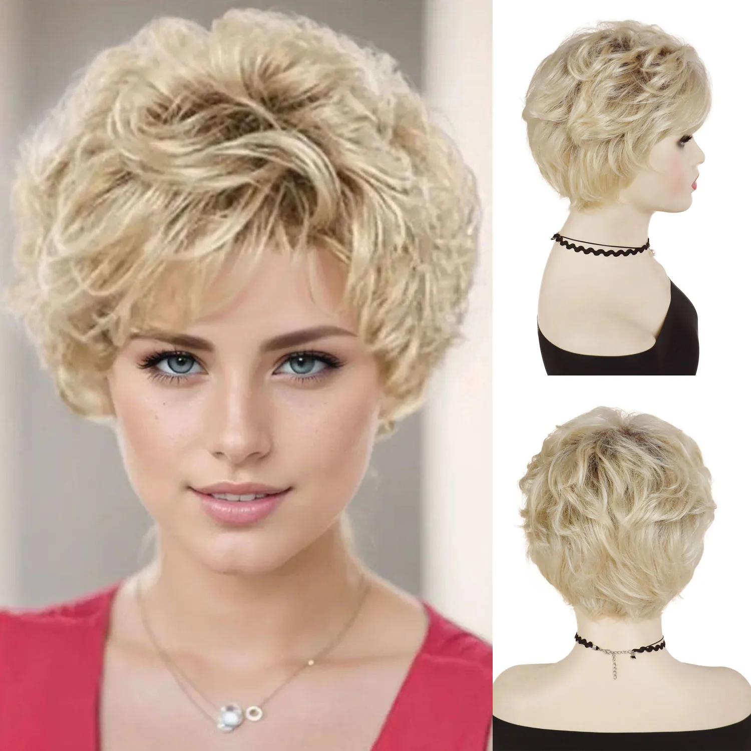 

GNIMEGIL Synthetic Ombre Blonde Curly Wigs with Bangs for Women Old Lady Mommy Wig Short Pixie Cut Wig Daily Use Heat Resistant