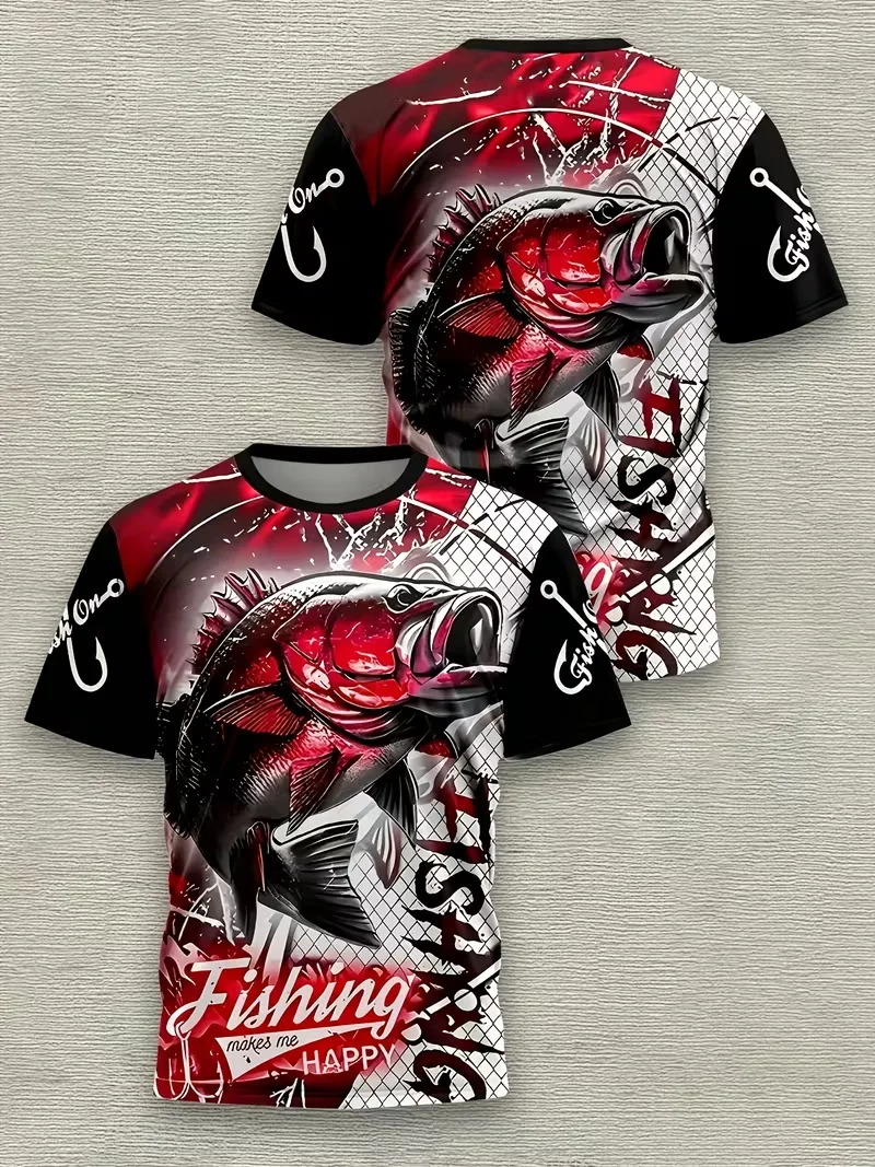Mens T-shirt red black bass fish fishing hook net texture slogan print short sleeve crew neck outdoor angler casual top
