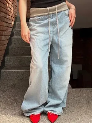 Korean Style Women's Wide Leg Jeans Gradient Washed Drawstring Loose Fitting Trousers Casual Comfortable Spring Autumn Winter