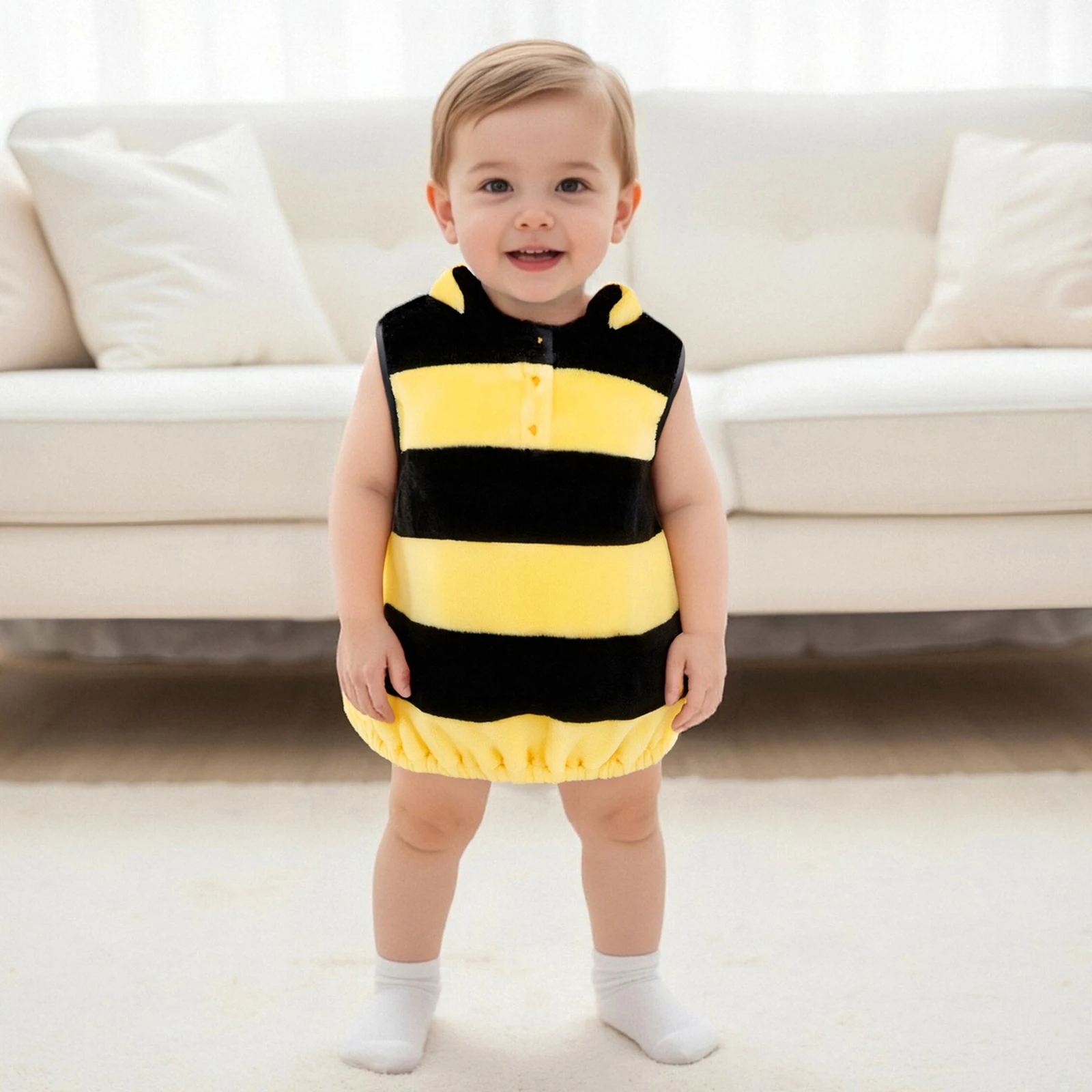 1-4Y Cute Kid Halloween Bee Costume Sleeveless Striped Hooded Vest with Wings Cosplay Bee Stage Performance Costumes