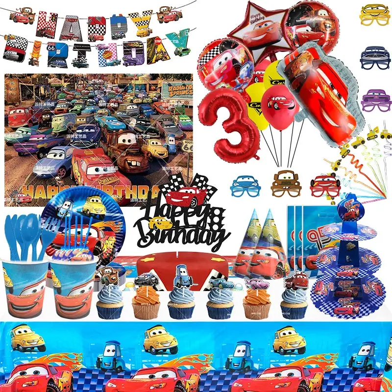 Disney Pixar Cars Birthday Party Decoration Cartoon Lightning Mcqueen Theme Disposable Tableware Balloons Supplies Baby Shower