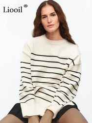 Beige Stripe Baggy Sweater Women Pullover Streetwear Long Sleeve Knitted Tops Female Jumper Autumn Winter Loose Knitted Sweaters