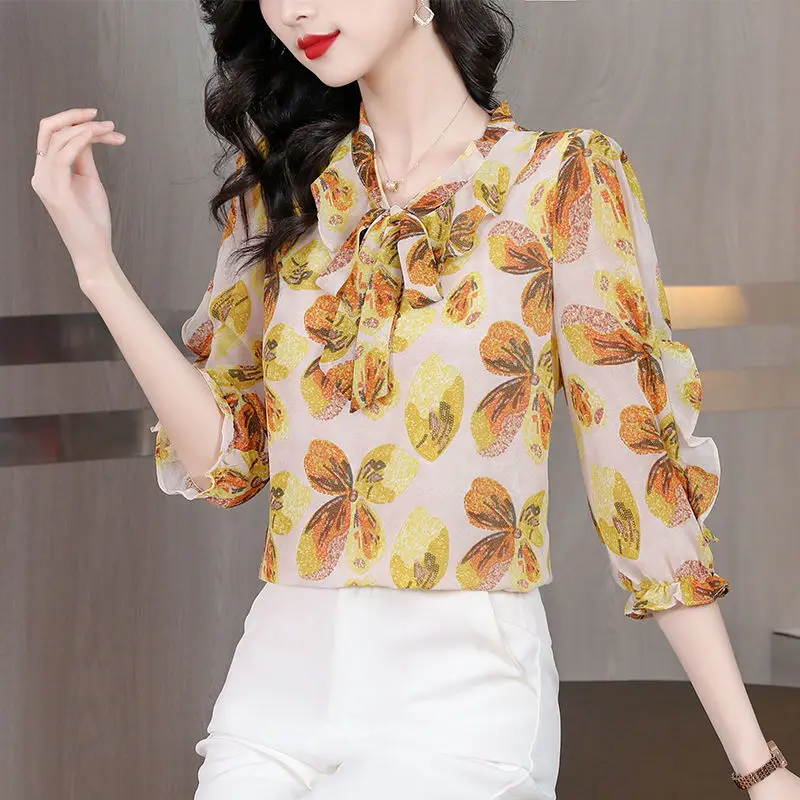 Vintage Printed Ruffles Lace Up Bow Floral Shirt Women's Clothing 2023 Summer New Oversized Casual Tops Office Lady Blouse