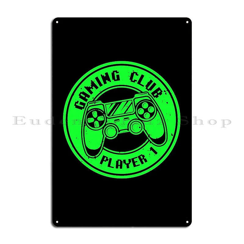 Gaming Round Badge With Console Gamepad Gaming Club Player 1 Green Metal Plaque Poster Cinema Club Designing Tin Sign Poster