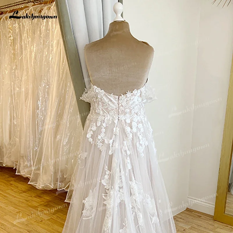 Boho A-Line Wedding Dresses For Women Sexy Sweetheart Off the Shoulder Backless Lace Appliques Bridal Gowns Tulle Sweep robe