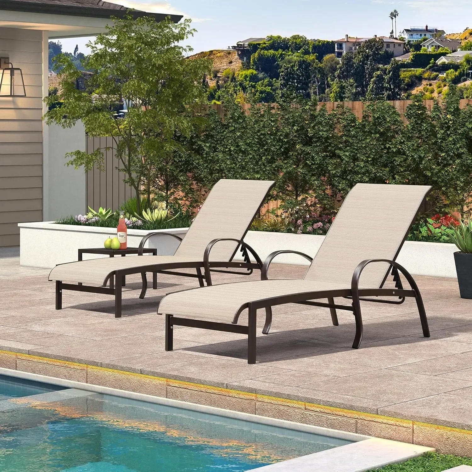 Outdoor Chaise Lounge Chair Set of 3 Patio Pool Lounger Aluminum Chairs with Side Table Adjustable Tanning Recliner for