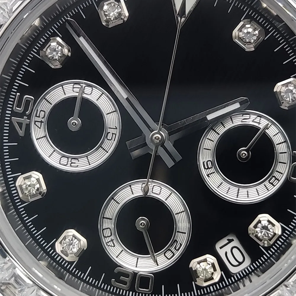 VK63 Watch Self-Winding Movement Classic Panda Dial Sapphire Stainless Steel and Diamonds Case 5ATM VK63 Men's Watch
