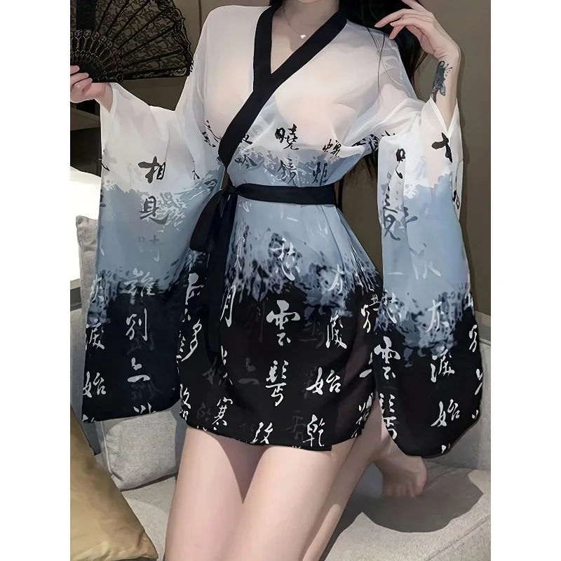 

Японское кимоно, женское сексуальное женское белье, пижамы для косплея, прозрачная сетчатая ночная рубашка, перспективный халат для сна с поясом, ночное белье