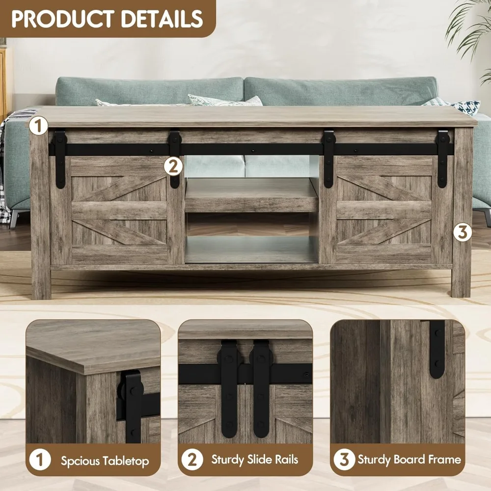 Farmhouse Coffee Table with Storage & Sliding Barn Doors, Modern Rustic Living Room Table with Adjustable Shelves