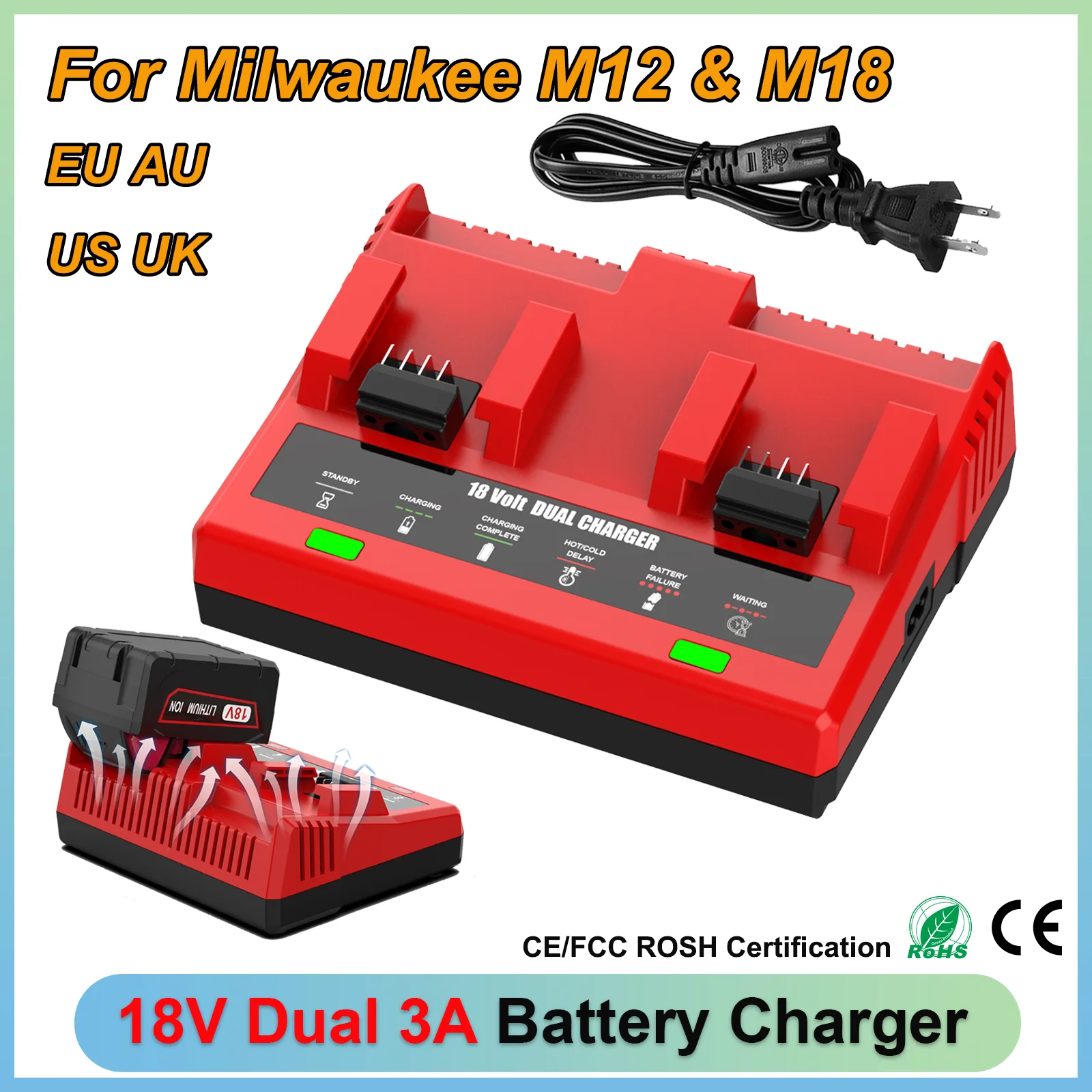 

Dual Ports 3A Battery Charger For Milwaukee 18V M18 Lithium Battery 48-11-1815 48-11-1820 48-11-1830 Charger Fast Charging