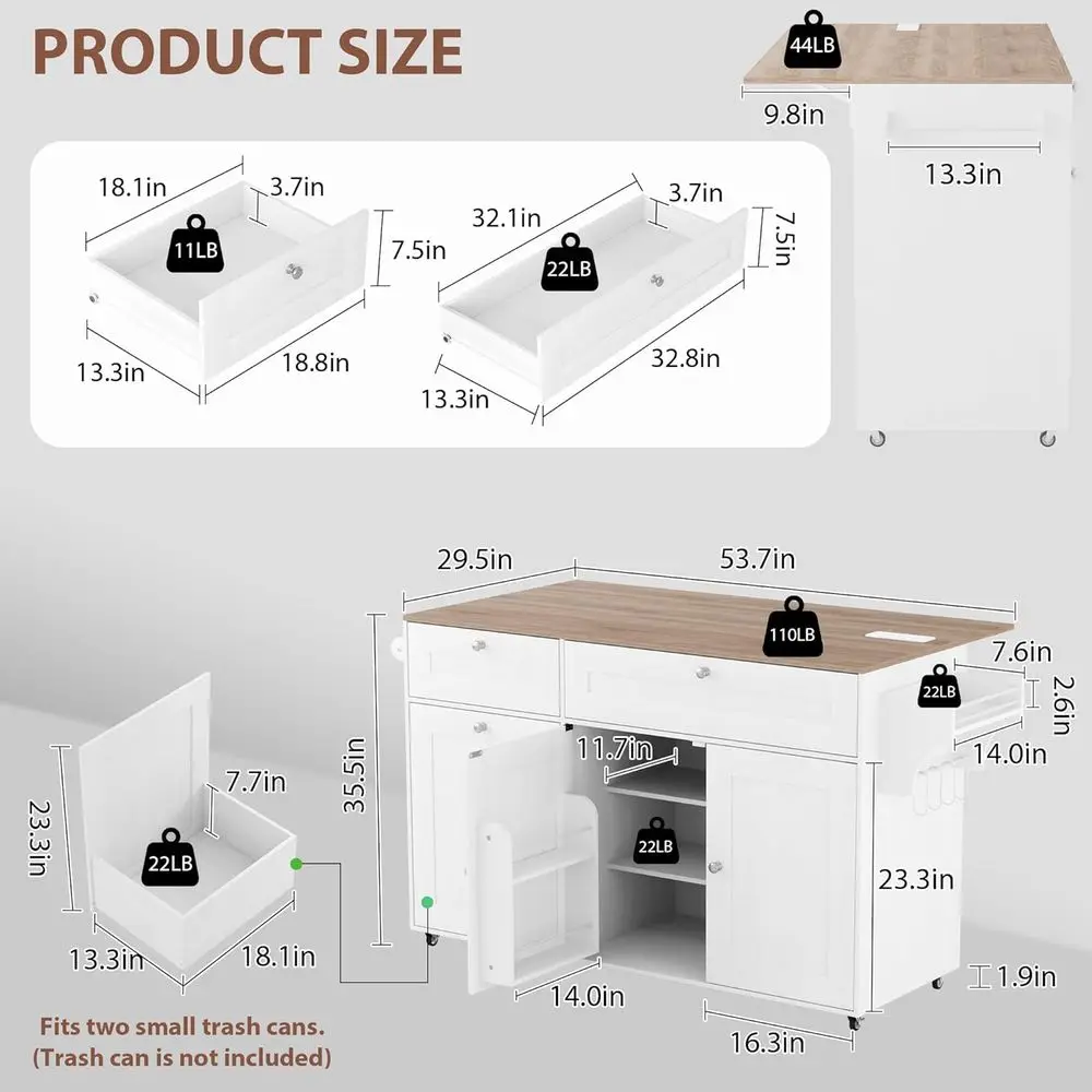 جزيرة مطبخ بيضاء محمولة مع أوراق متدلية، وحدة تخزين، وصندوق قمامة، ومخرج طاقة، ورف توابل على عجلات #6