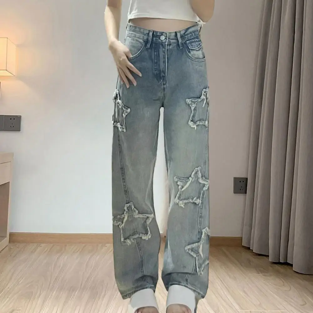 Women Loose Fit Jeans Fashionable Star Embroidered Wide Leg Jeans for Women Stylish Design Sense Denim Trousers Comfortable