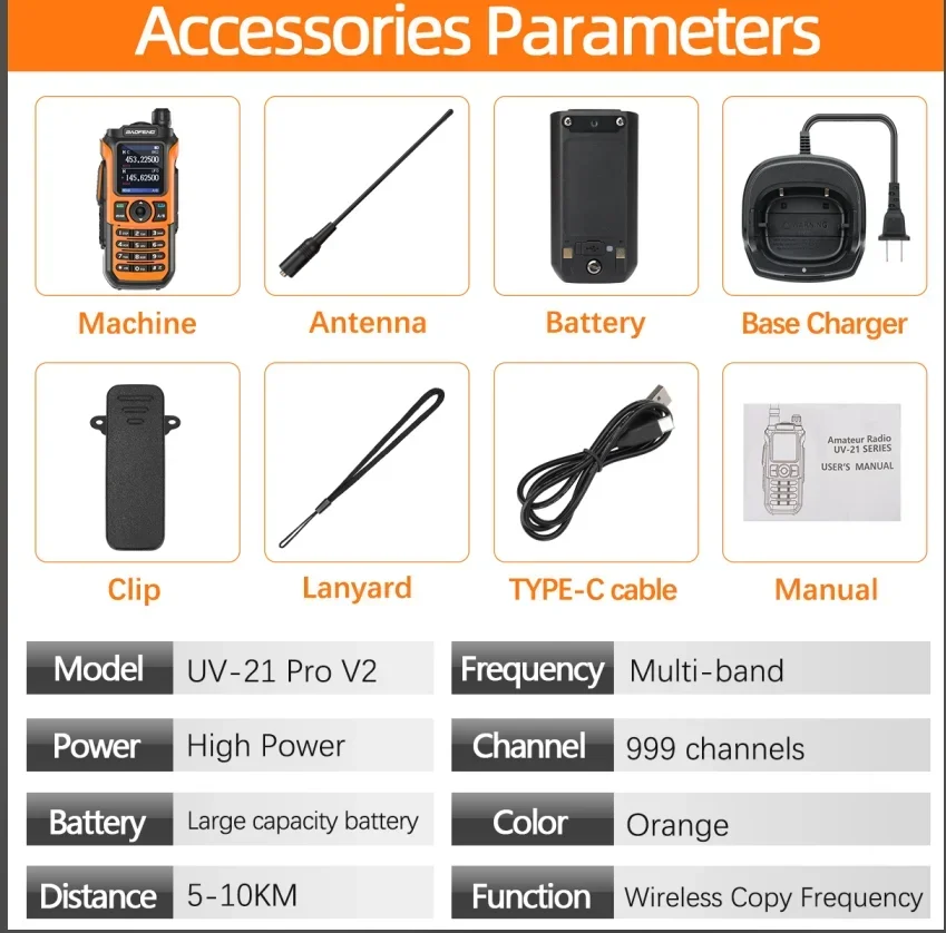 Baofeng UV-21 PRO V2 Walkie Talkie Long Range Wireless Copy Frequency Type-C Charger Tri band Powerful Waterproof Two Way Radio