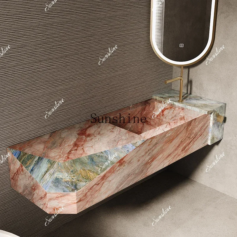 

Luxury stone rock slab integrated seamless basin bathroom cabinet light luxury high-end customized washbasin FT