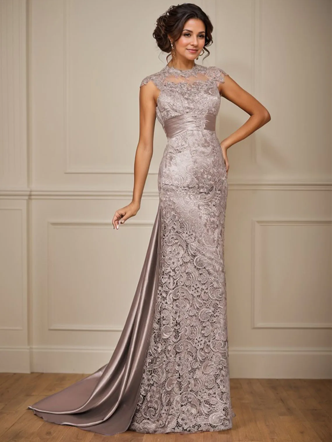 Элегантное свадебное платье трапециевидной формы для гостей, атласное кружево с высоким воротом, иллюзия, рукава, аппликации, торжественное вечернее платье, 2025 год, бесплатно по индивидуальному заказу