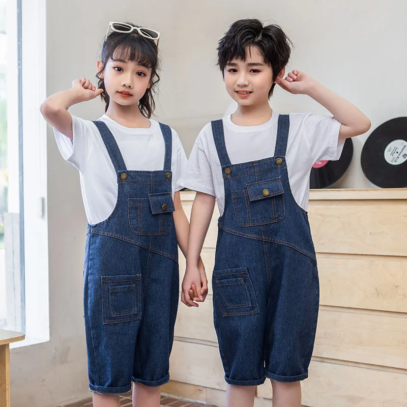 

Elegant Kids Child Denim Blue Overall Shorts Jumpsuit with Pockets for Casual Daily Wear Outfit Twin Boys Girls Summer Clothing